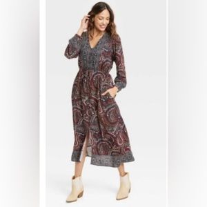 Knox Rose Dress Women's Long Sleeve Button- Front Bohemian Maxi Dress Size L